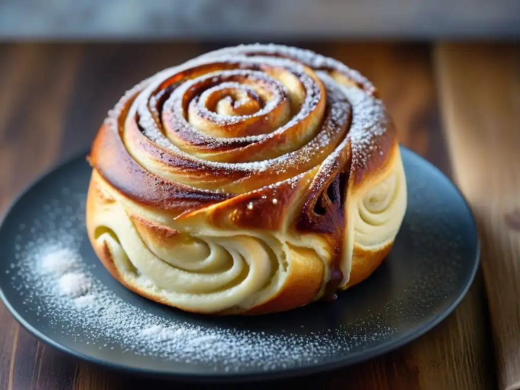 Delicioso cinnamon roll sin gluten recién horneado, con levado perfecto