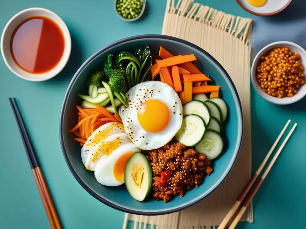 Un delicioso y colorido bol de Bibimbap sin gluten, saludable y vibrante, con ingredientes frescos y sabrosos