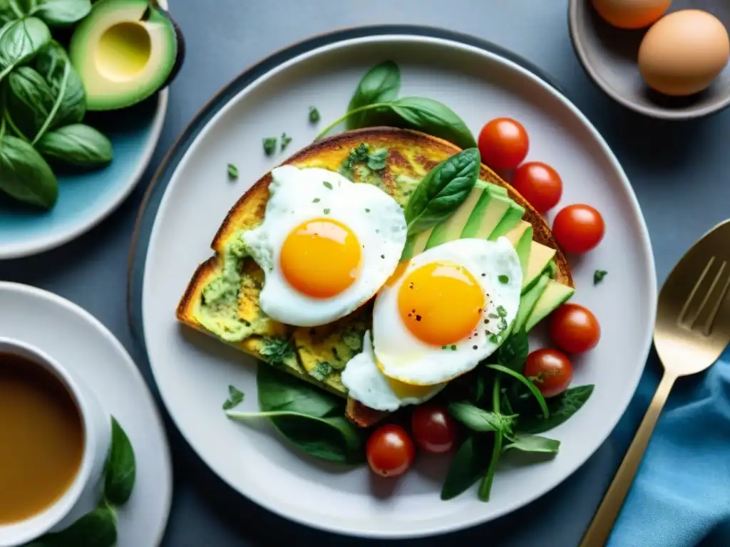 Un delicioso y colorido desayuno sin gluten con huevos que evoca frescura y nutrición matutina