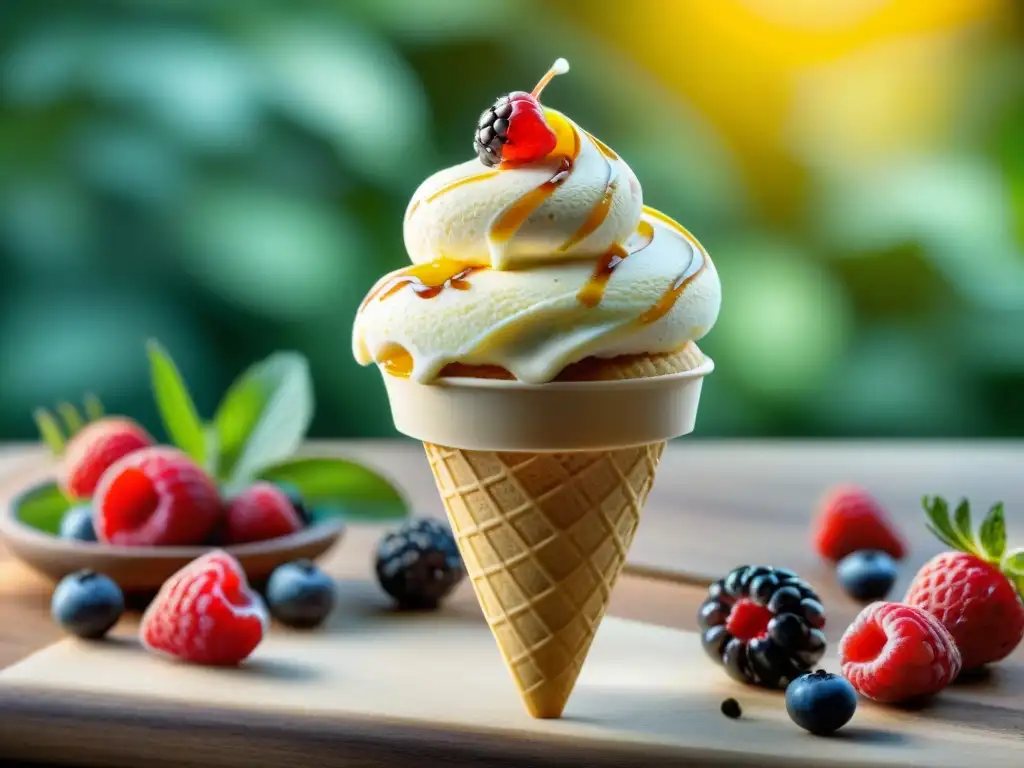 Delicioso cono de helado sin gluten casero con frutas y miel, en mesa rústica bajo la luz del sol