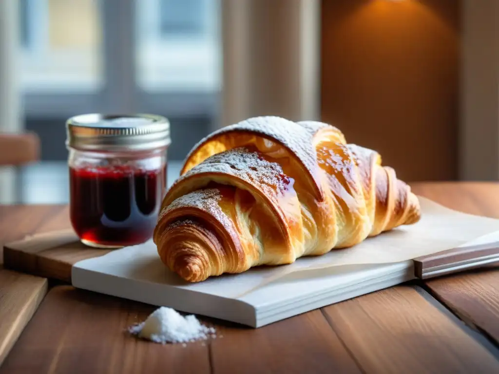 Delicioso croissant sin gluten dorado con azúcar glaseado, acompañado de café y mermelada casera, en una mesa rústica