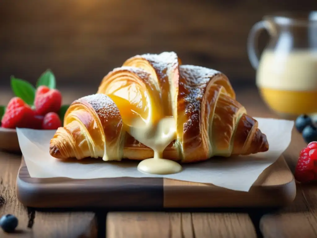 Delicioso croissant sin gluten junto a frutas frescas y queso mascarpone en una mesa rústica