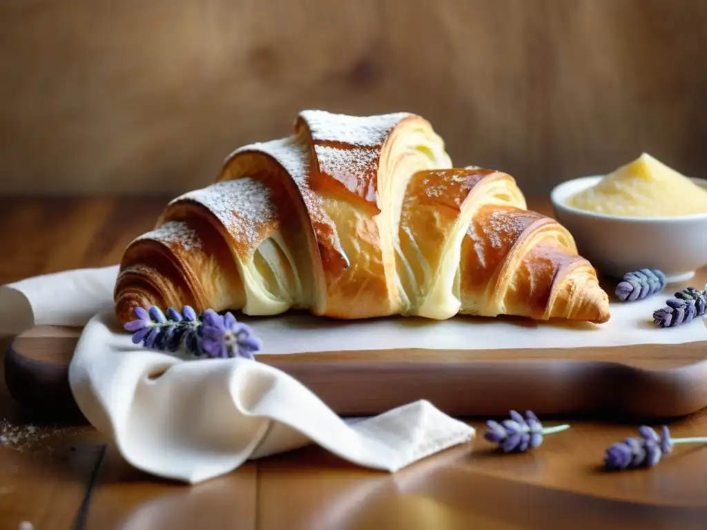 Delicioso croissant sin gluten en tabla de madera rústica con miel y lavanda, una invitación a la indulgencia