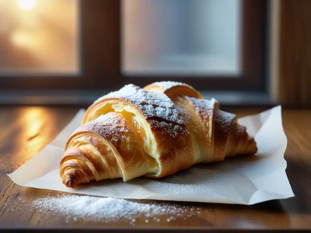 Delicioso croissant sin gluten recién horneado con mermelada casera, en mesa rústica