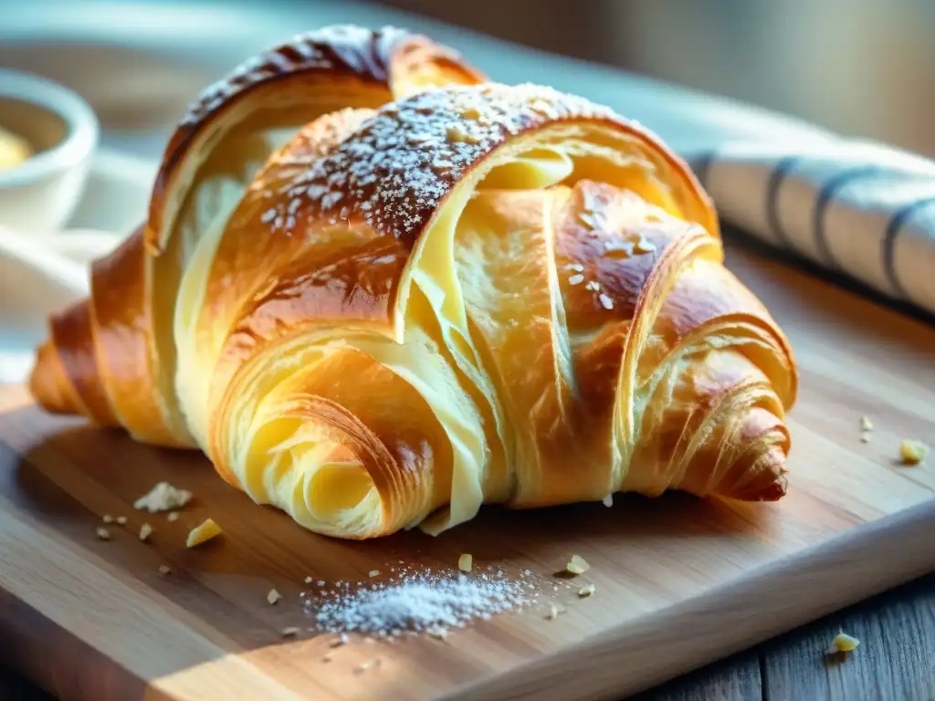 Delicioso croissant sin gluten recién horneado en tabla de madera rústica, evocando calidez y aroma