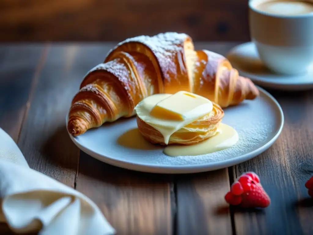 Delicioso croissant sin gluten sobre mesa rústica con bayas frescas, mantequilla y café fragante en taza de porcelana