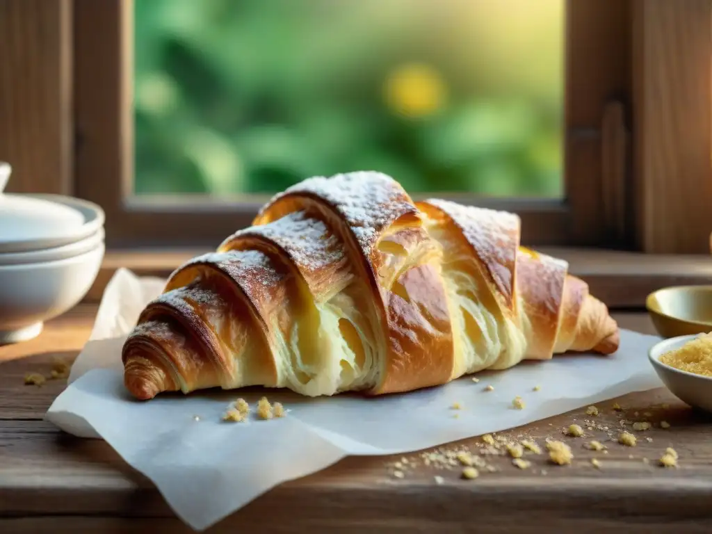 Delicioso croissant sin gluten en mesa rústica, bañado en luz cálida