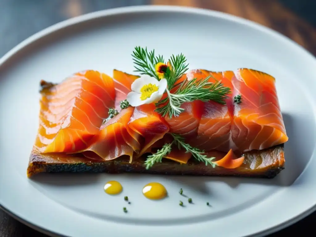 Delicioso gravlax de salmón curado con dill y flores comestibles, en plato blanco