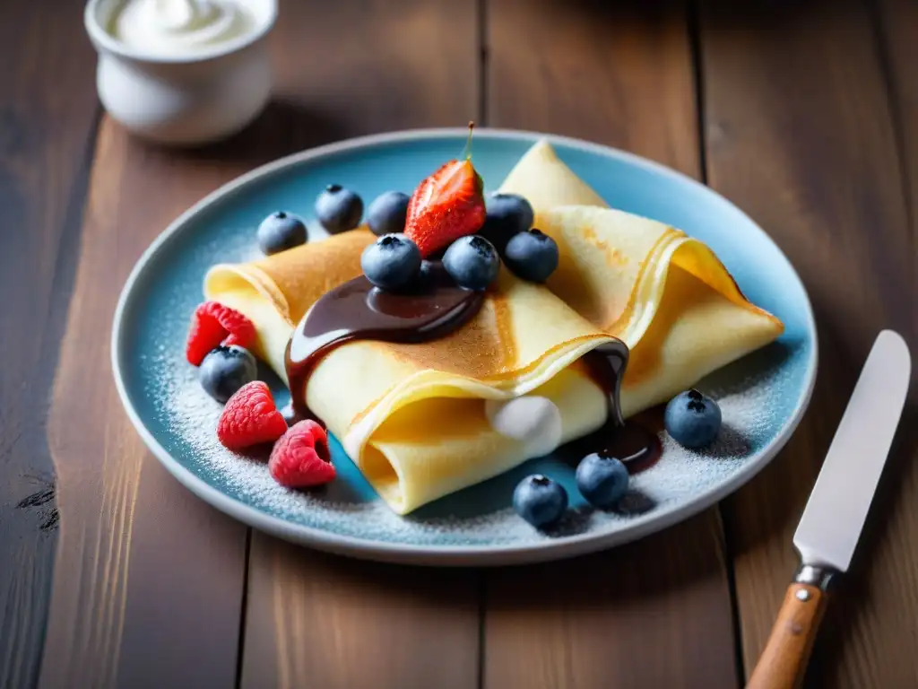 Un delicioso desayuno de crepes sin gluten, rellenos de bayas frescas, nata montada y salsa de chocolate, sobre una mesa de madera rústica