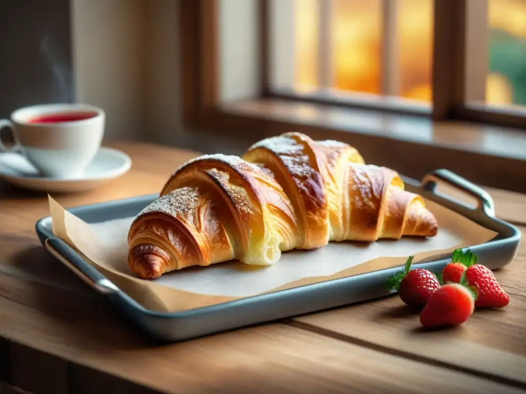 Un delicioso desayuno con croissants sin gluten, mermelada y café, en una escena cálida y acogedora