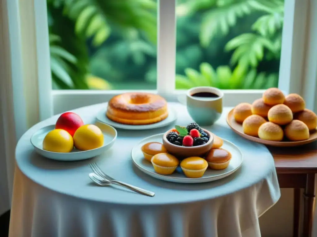 Un delicioso desayuno dominguero sin gluten en una mesa elegante rodeada de naturaleza