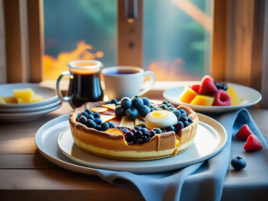 Un delicioso desayuno dominical sin gluten en una mesa rústica, con quiche dorado, pancakes de arándanos, ensalada de frutas y café recién hecho