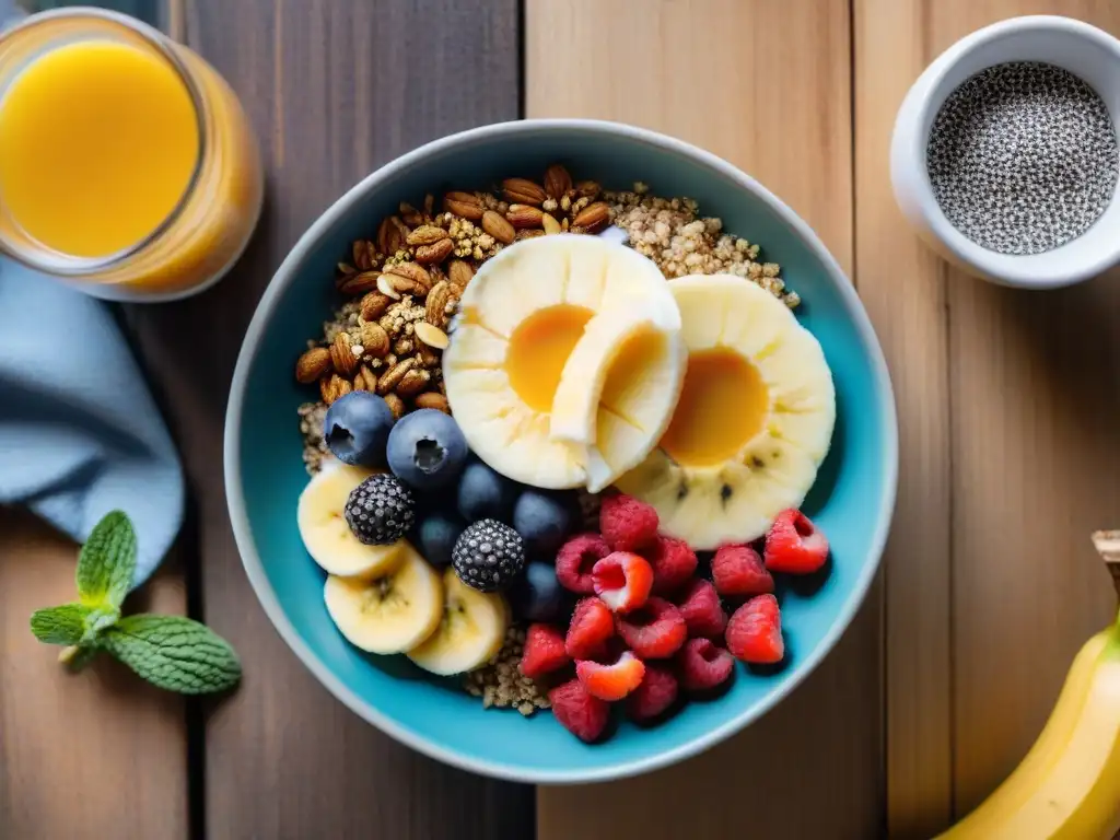 Un delicioso desayuno energético sin gluten: açaí bowl, panqueques de plátano y jugo de naranja en una mesa rústica al amanecer