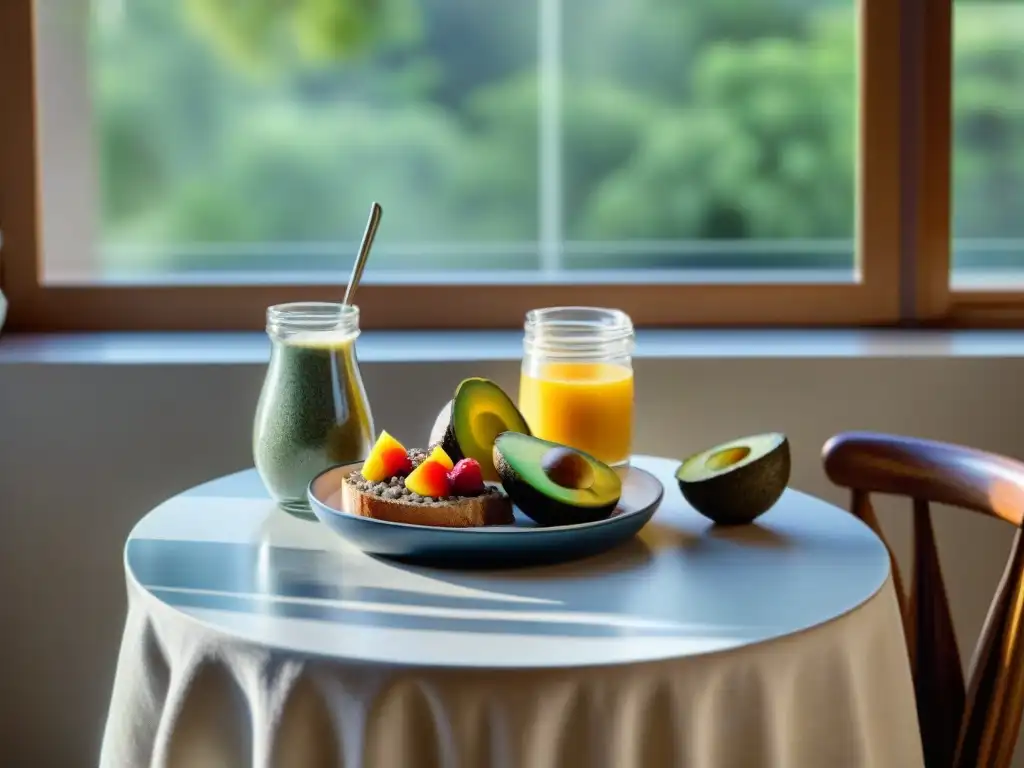 Delicioso desayuno sin gluten para la familia, con chía, frutas, aguacate y café, en cocina serena al amanecer