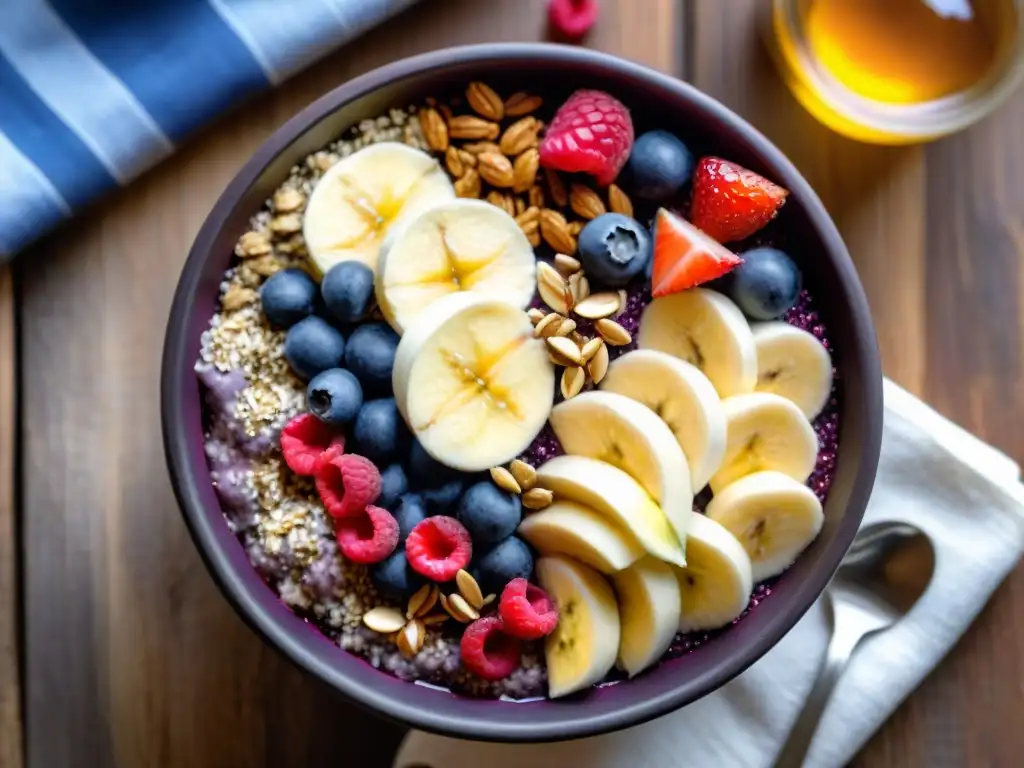 Delicioso desayuno sin gluten: bowl de açaí con frutas frescas y miel, sobre mesa de madera