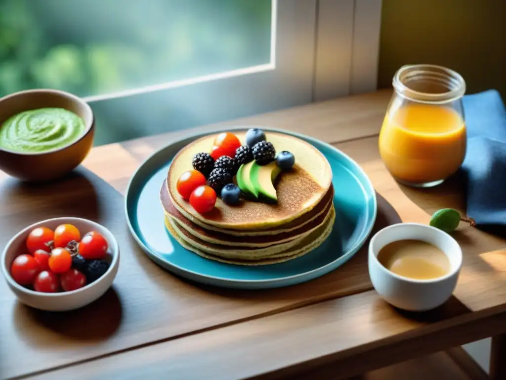 Un delicioso desayuno sin gluten, con chía, aguacate, smoothie bowl, café y panqueques, en una mesa iluminada por el sol