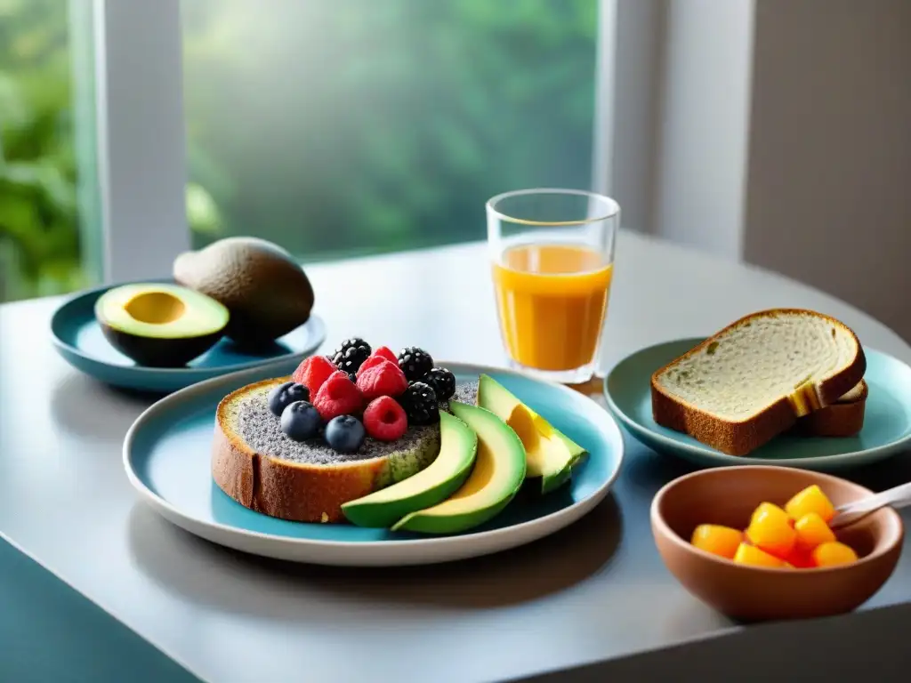 Un delicioso desayuno sin gluten energético y saludable en una mesa bellamente decorada, con colores vibrantes y luz matutina cálida