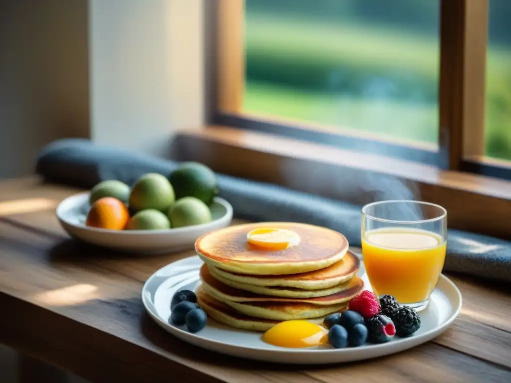 Un delicioso desayuno sin gluten equilibrado en mesa rústica, con variedad de opciones y una atmósfera apetitosa bajo la luz matinal suave