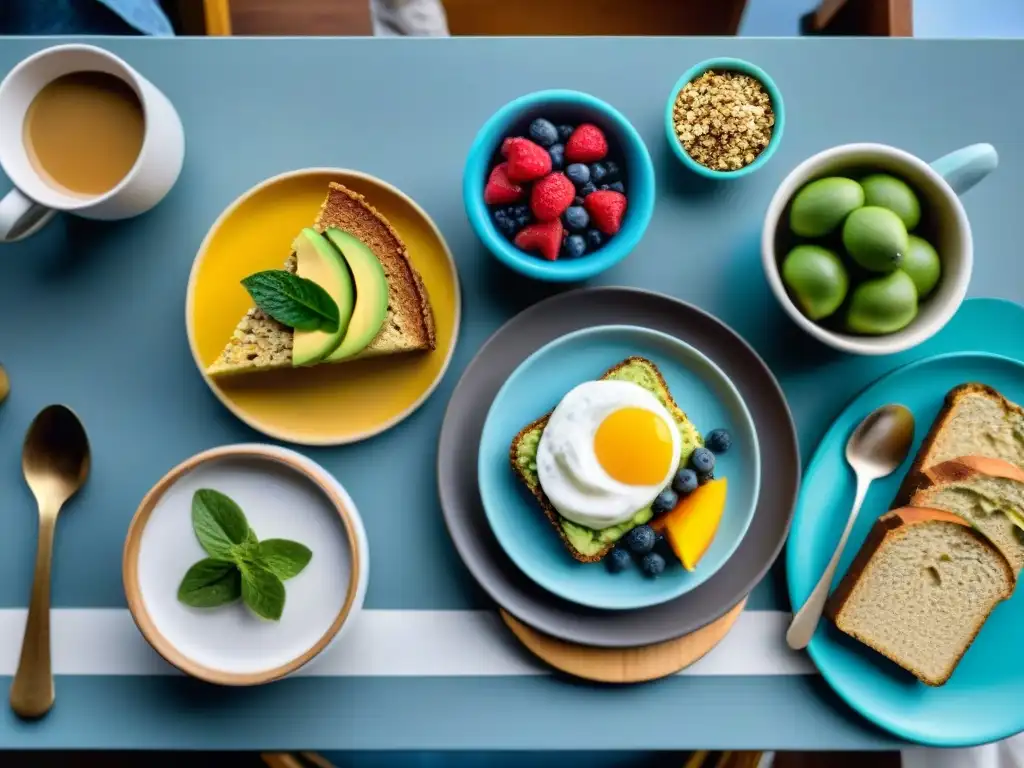 Un delicioso desayuno sin gluten con frutas frescas, yogur, pan de aguacate, pudín de chía y café