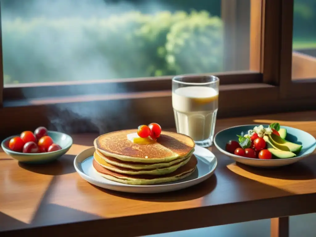 Delicioso desayuno sin gluten con pan, aguacate, frutas, panqueques y café