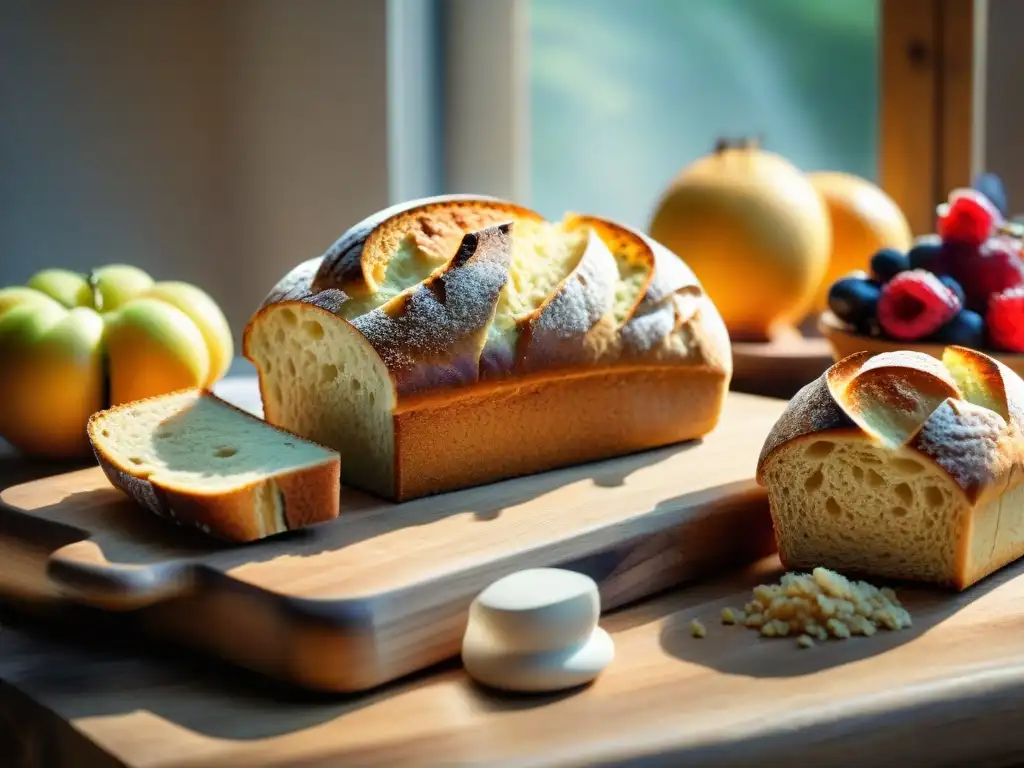 Un delicioso desayuno sin gluten con pan recién horneado y frutas frescas, ideal para amantes de la buena mesa