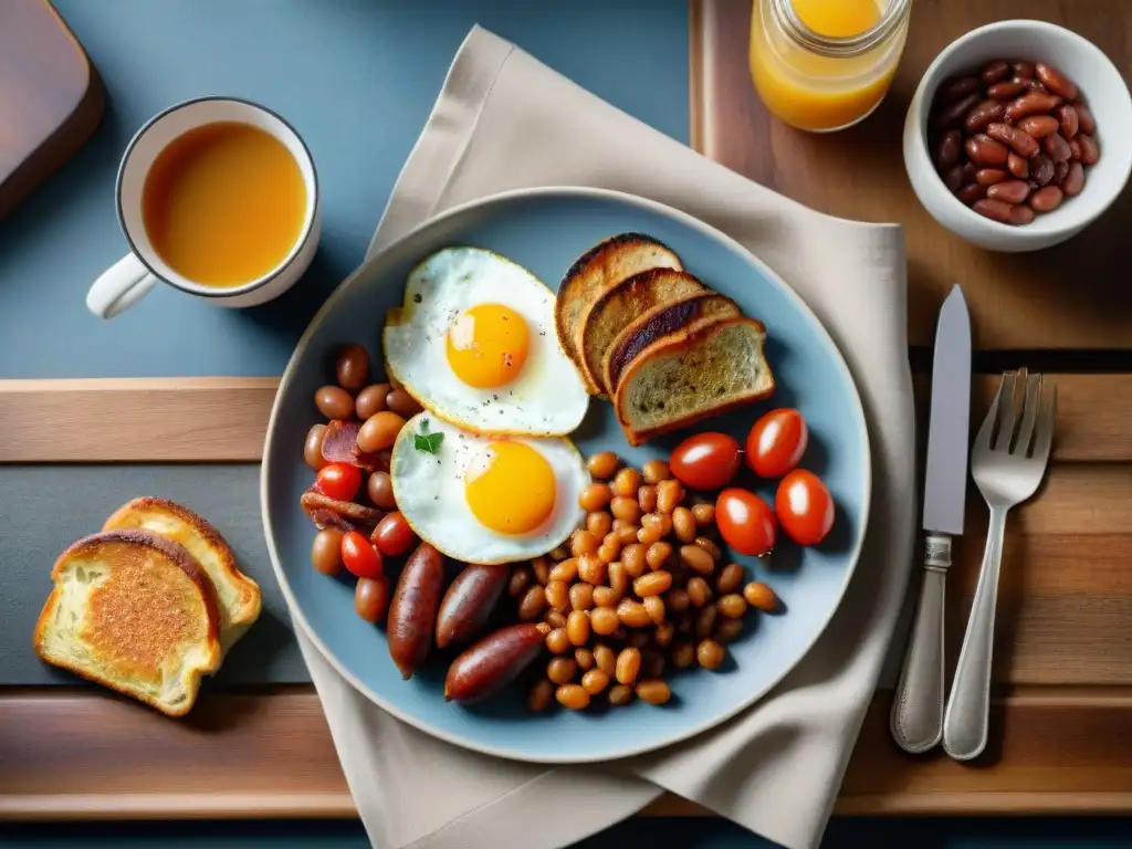 Un delicioso desayuno inglés sin gluten del mundo en una mesa rústica, con bacon crujiente, huevos fritos, tomates jugosos, salchichas, hash browns dorados y frijoles horneados, presentados elegantemente en vajilla con una taza de té humeante y jugo