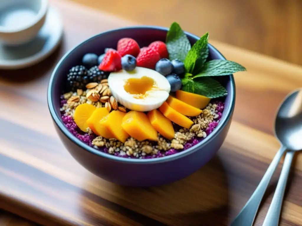 Delicioso desayuno sin gluten fácil y rápido: Bol de açaí colorido con frutas frescas y granola en una mesa de madera tropical