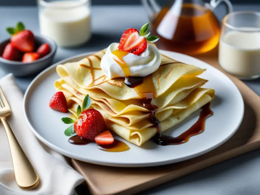 Delicioso desayuno romántico con crepes sin gluten dorados, fresas, crema batida y sirope de arce