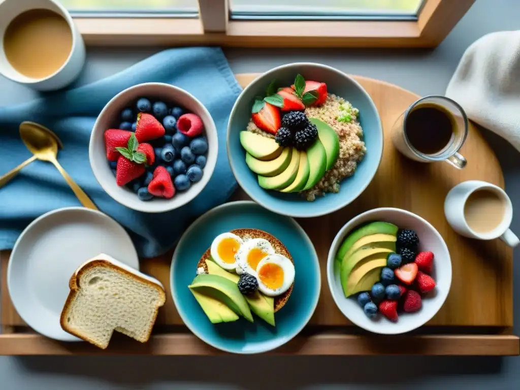 Un delicioso desayuno sin gluten saludable con quinoa, aguacate, frutas y café