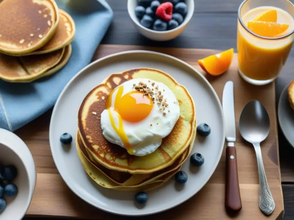 Un delicioso desayuno sin gluten saludable en mesa rústica con panqueques, yogur, aguacate, jugo y café