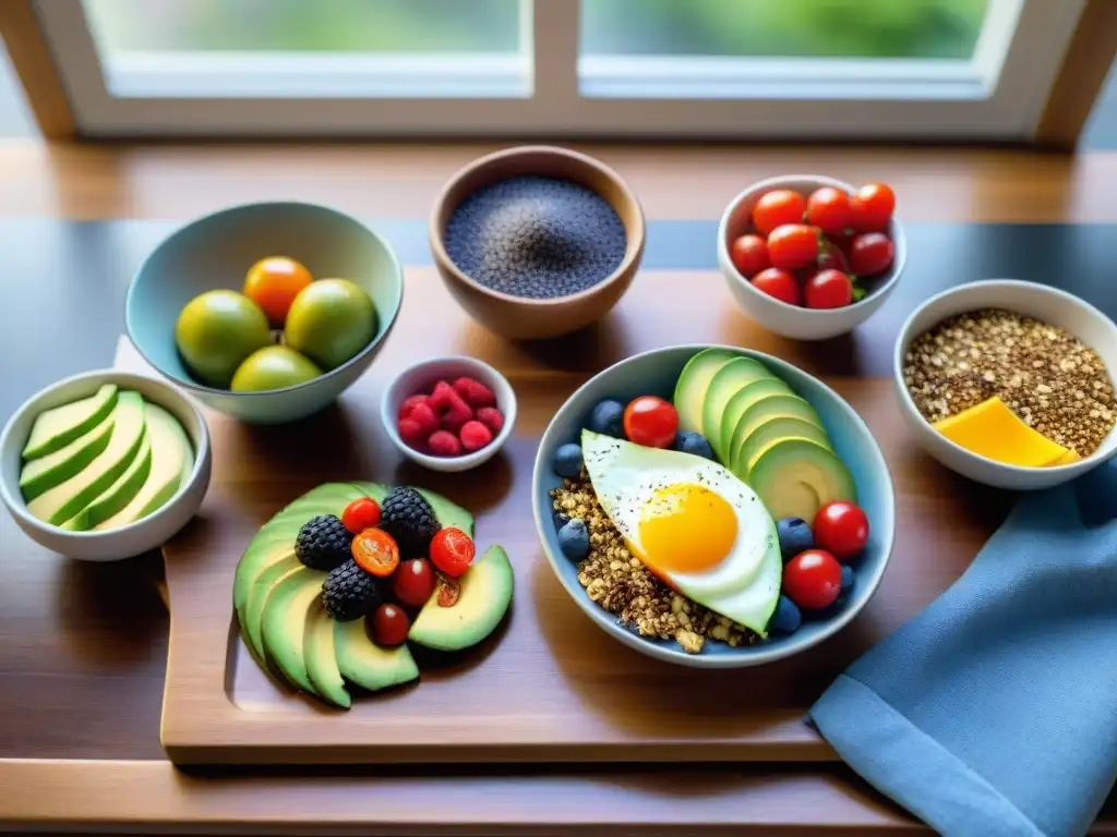 Un delicioso desayuno sin gluten saludable en una mesa de madera, con chía, aguacate y açaí