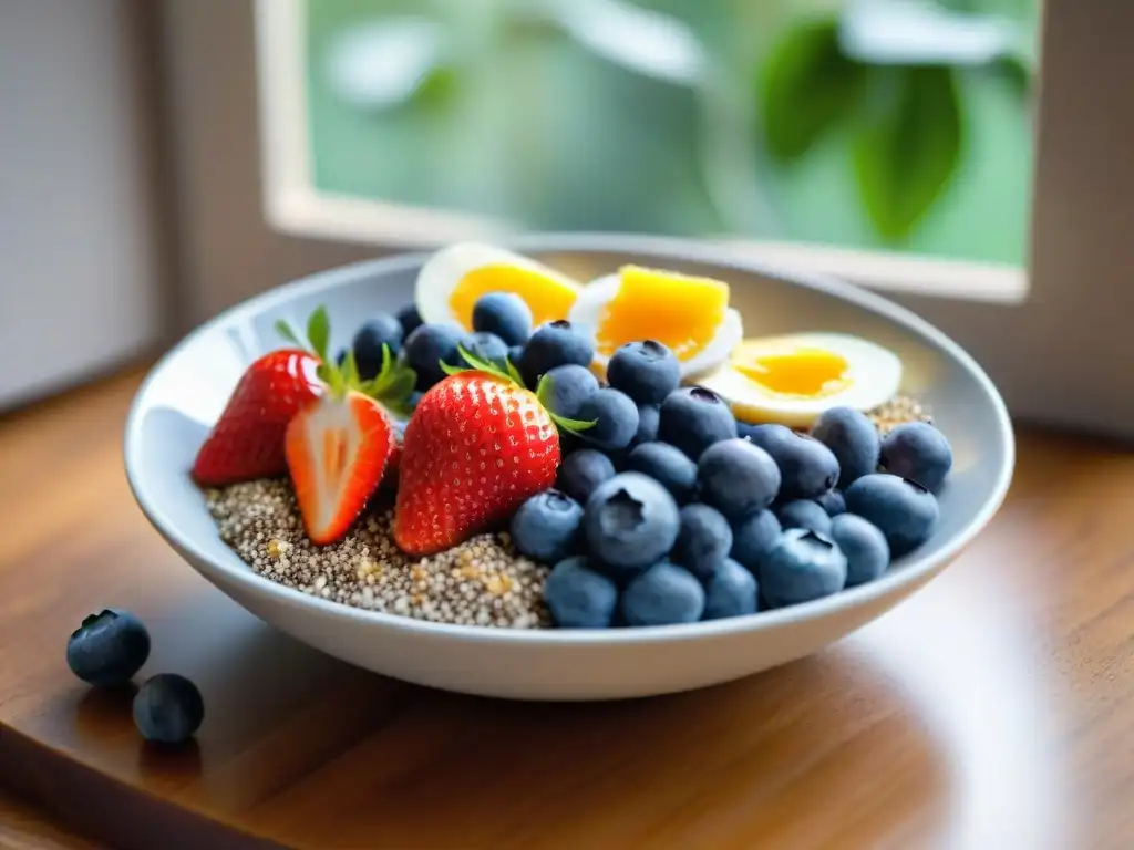 Delicioso desayuno saludable con superfoods sin gluten en bowl vibrante sobre mesa de madera al amanecer