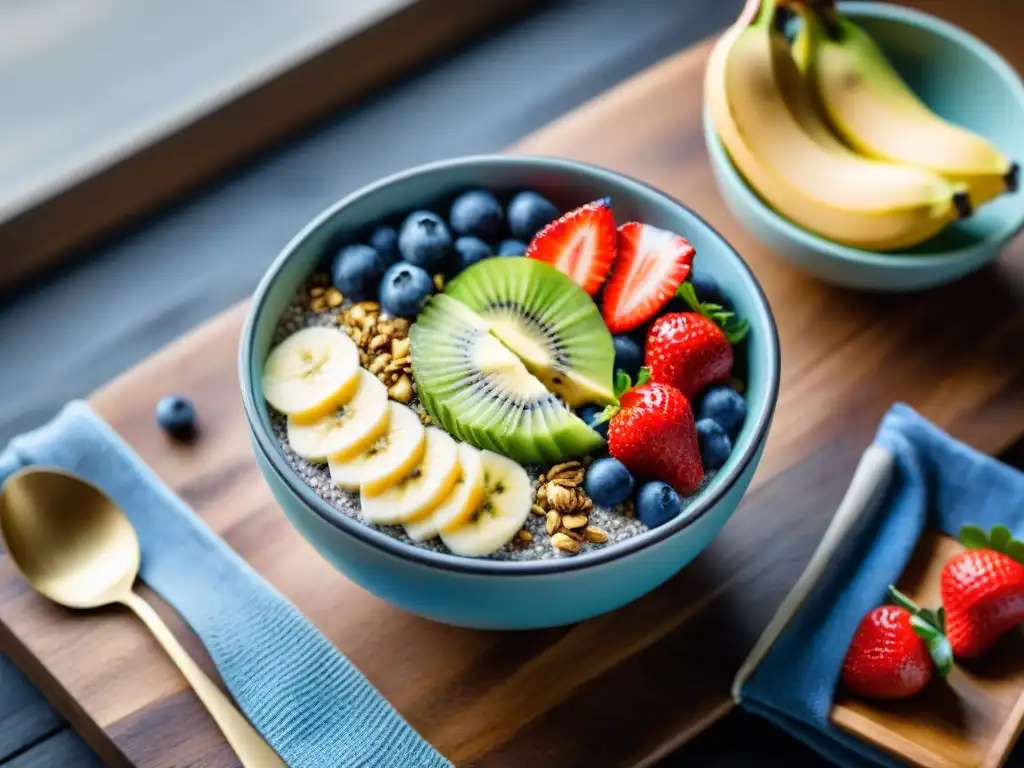 Un delicioso desayuno smoothie bowl con frutas frescas y chía sobre mesa rústica con luz matutina