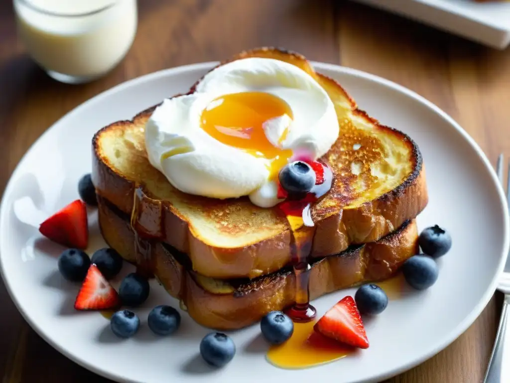 Un delicioso desayuno de tostadas francesas sin gluten, con crema, bayas y sirope de arce