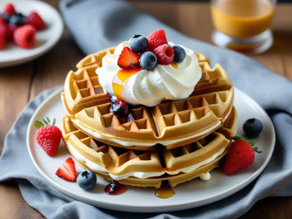 Delicioso desayuno de waffles sin gluten con crema, frutas y jarabe de arce en plato blanco, en un escenario acogedor