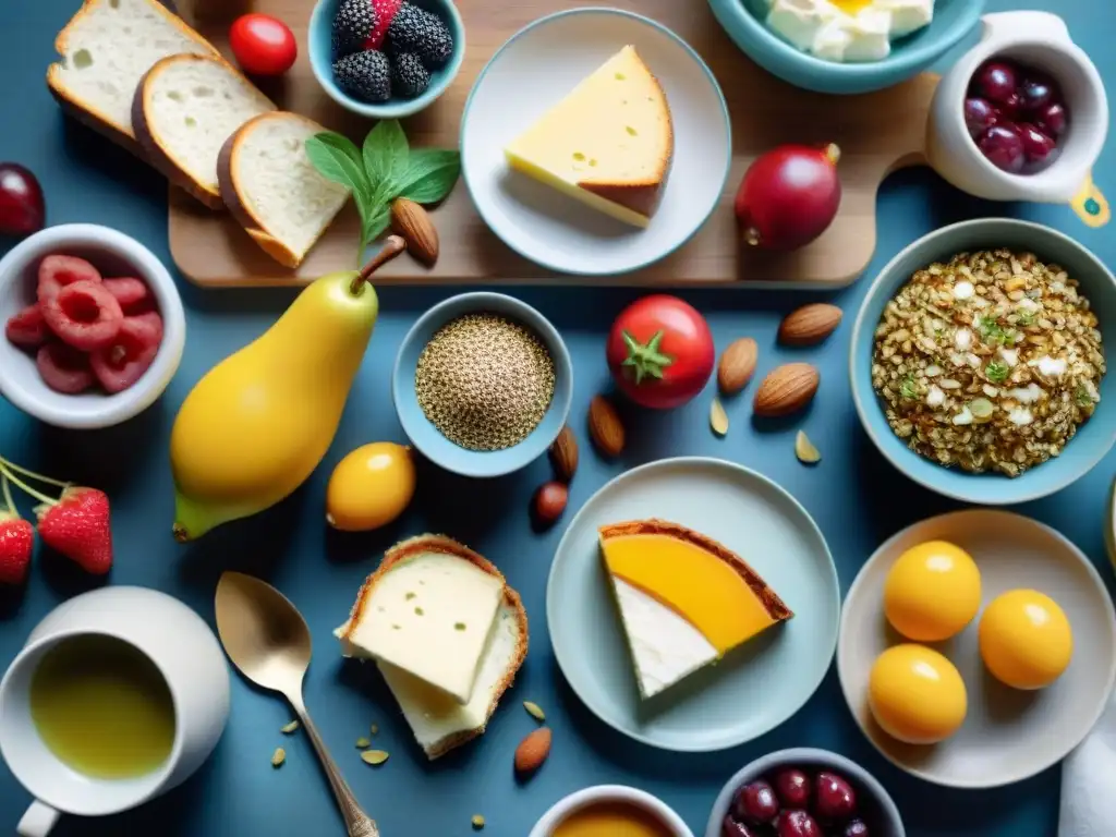 Delicioso brunch dominical libre de gluten con frutas frescas, quesos artesanales y pan sin gluten en una mesa bien servida