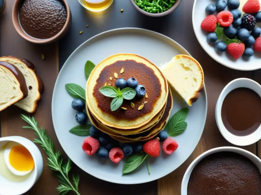 Delicias sin gluten: quinoa, pan, pancakes y pastel Delicioso festín sin gluten: ensalada de quinua, pan, panqueques y pastel de chocolate sin harina