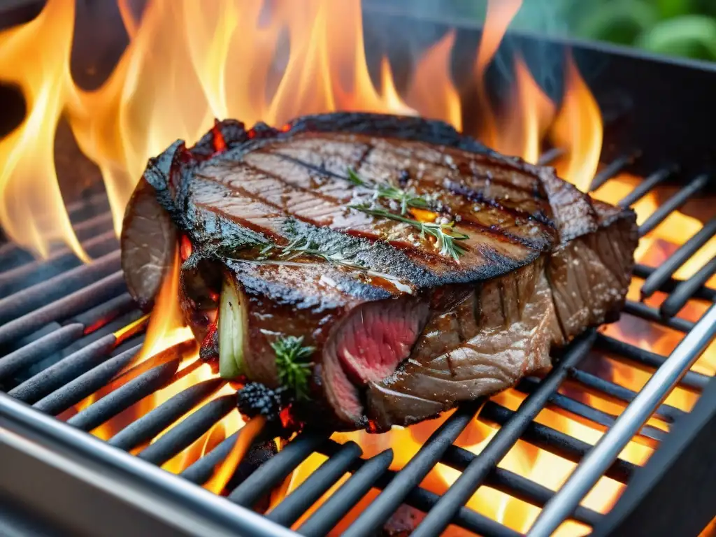 Delicioso filete a la parrilla sobre carbón, sazonado con especias, en una barbacoa moderna al aire libre