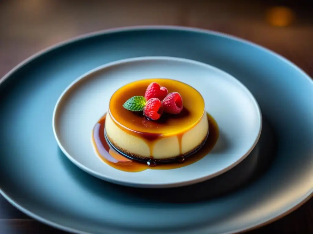 Delicioso flan sin gluten con decoración elegante de frambuesas y menta