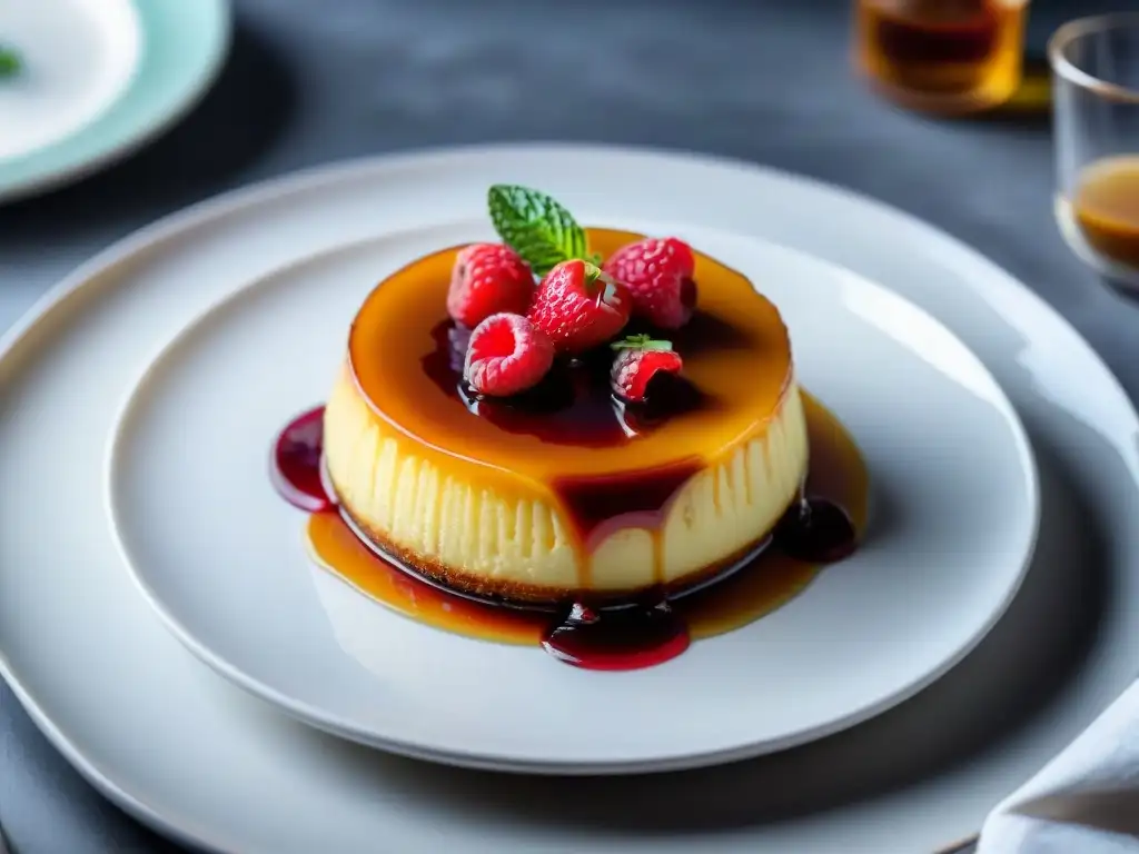 Delicioso flan sin gluten con caramelo, frambuesas y menta