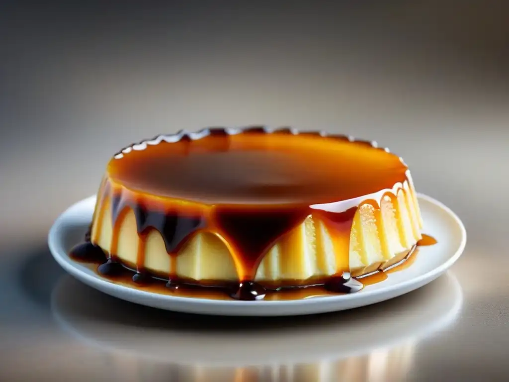 Un delicioso flan sin gluten dorado en plato de porcelana, bañado en caramelo