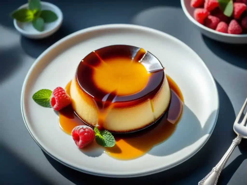 Delicioso flan sin gluten con frambuesas y menta en plato de porcelana