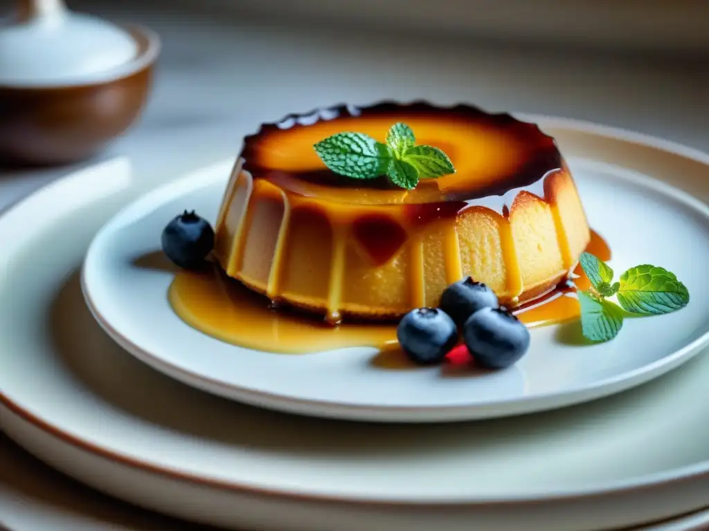 Delicioso flan sin gluten con bayas frescas y menta, en un elegante plato blanco