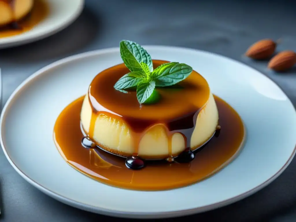 Delicioso flan sin gluten en plato de porcelana, bañado en caramelo y decorado con menta y almendras caramelizadas