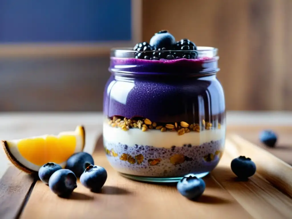 Delicioso chia pudding sin gluten en frasco de vidrio con capas de coco y acai, adornado con arándanos y miel dorada