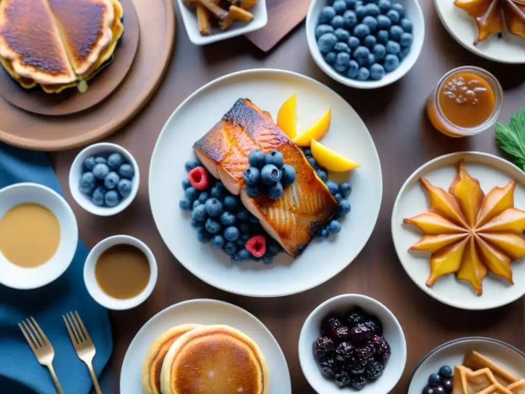 Delicioso festín sin gluten de Canadá: salmón glaseado con arce, panqueques de arándanos, poutine, tartaletas y frutas variadas