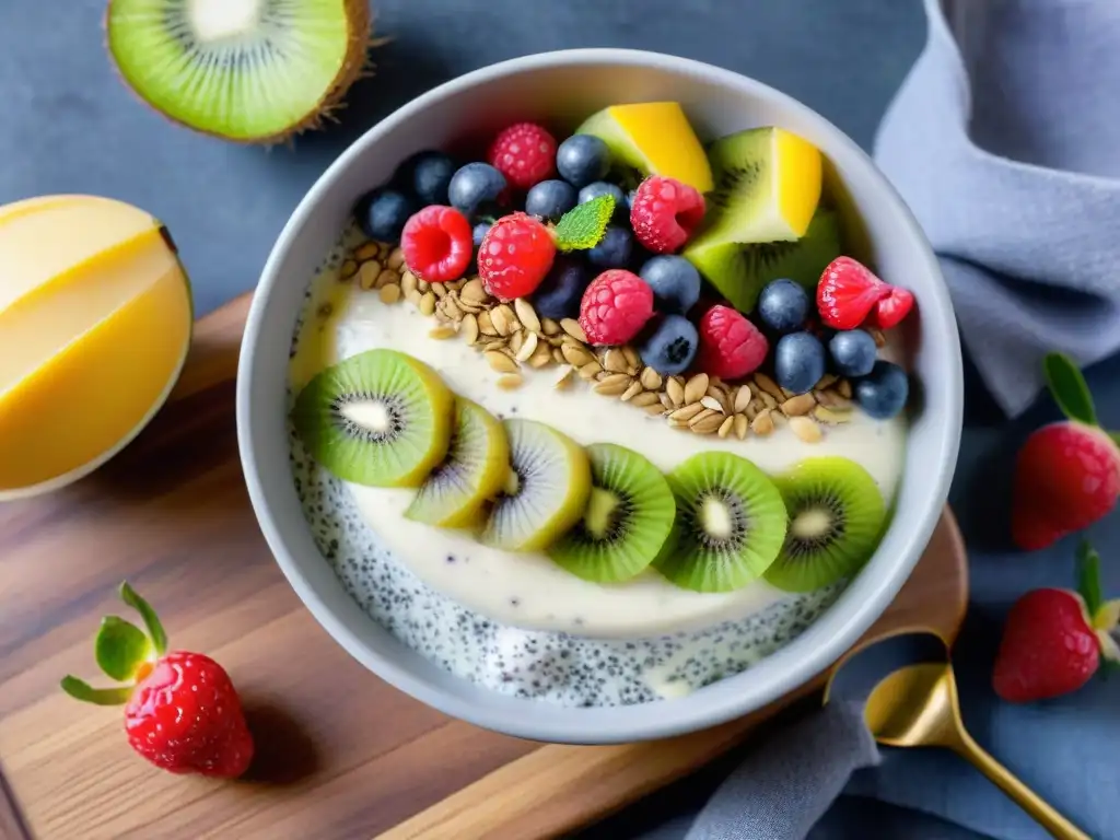 Delicioso chia pudding sin gluten con frutas frescas y miel en un bol de cristal sobre mesa de madera