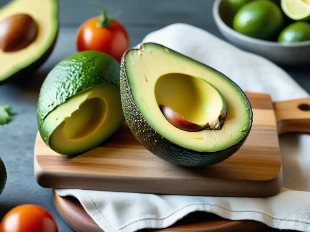 Delicioso guacamole sin gluten con aguacate fresco, tomates maduros, limones y cilantro, en una tabla de madera rústica al sol