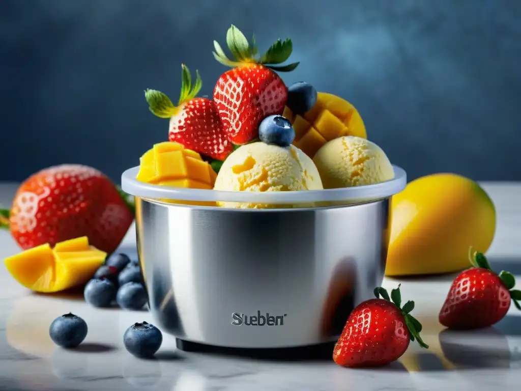 Delicioso helado casero sin gluten innovador con frutas frescas y coloridas en mármol