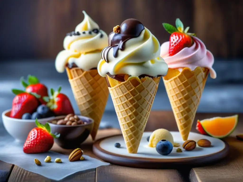 Delicioso helado casero sin gluten innovador en conos y toppings de frutas frescas y nueces